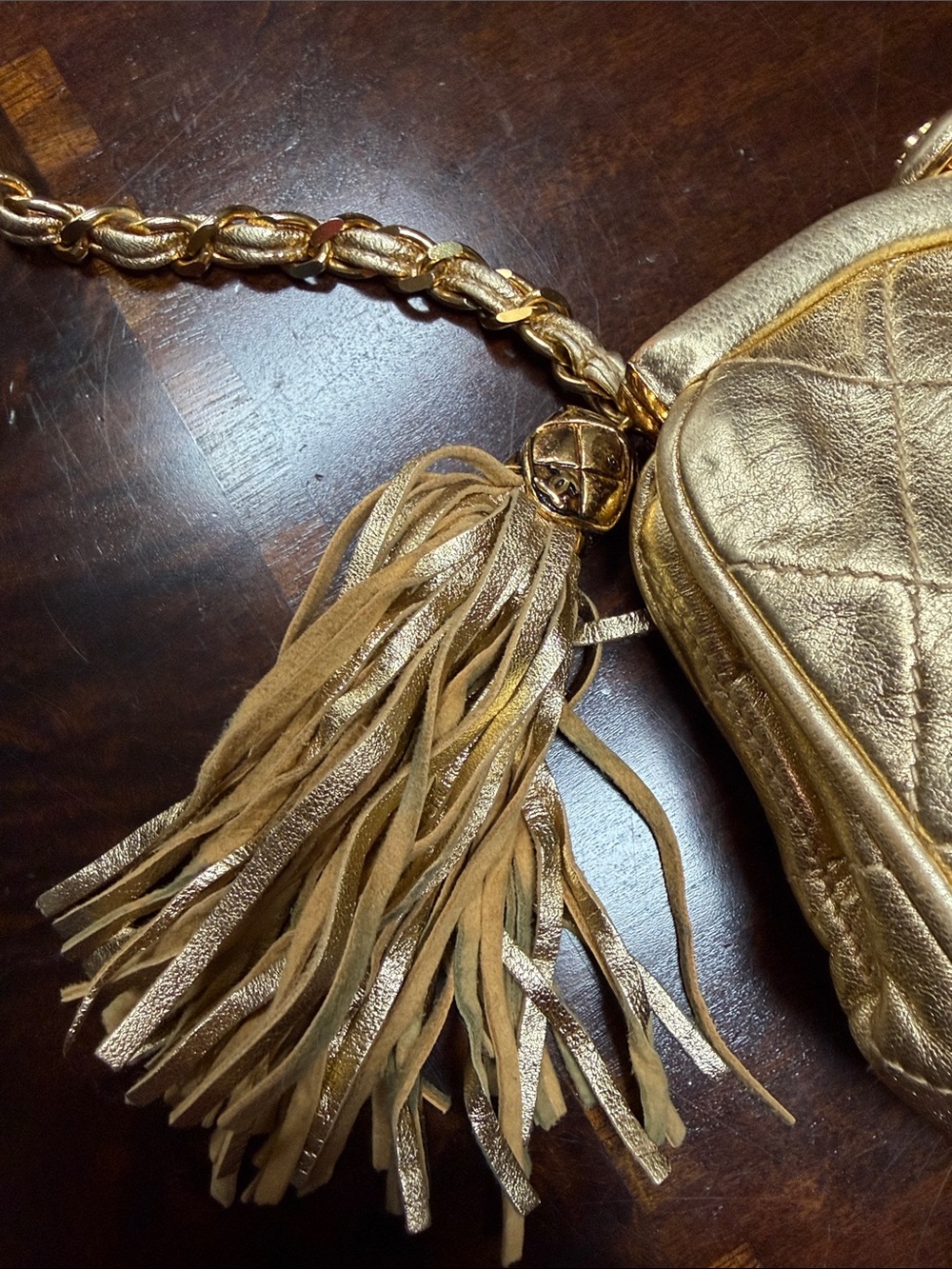 CHANEL 1985 Vintage Rare Gold Quilted Mini Waist Bag/ Crossbody with Tassel - Picture 5 of 9